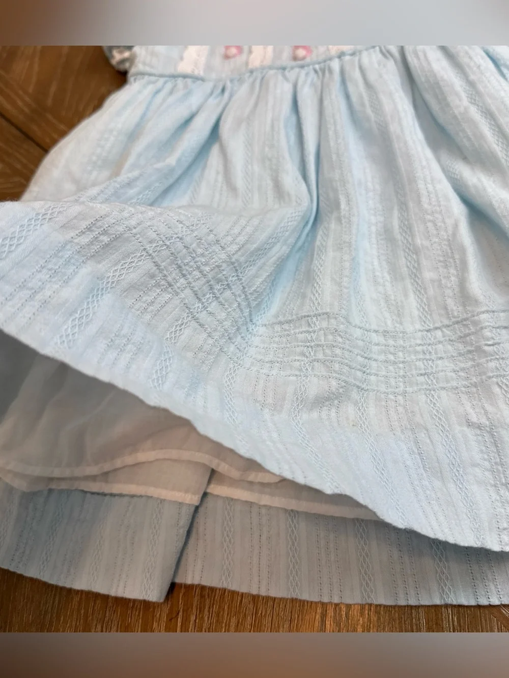 Adorable Light Blue Smocked Girls' Dress with Pink Bunnies Embroidery